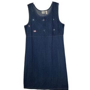 Vintage KORET‎ City Blues Denim Jumper Dress Patriotic Embellishments PL Modest